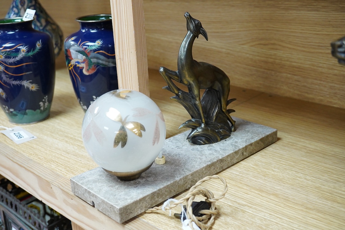 A French Art Deco gilt metal and marble ‘deer’ lamp, 30cm long